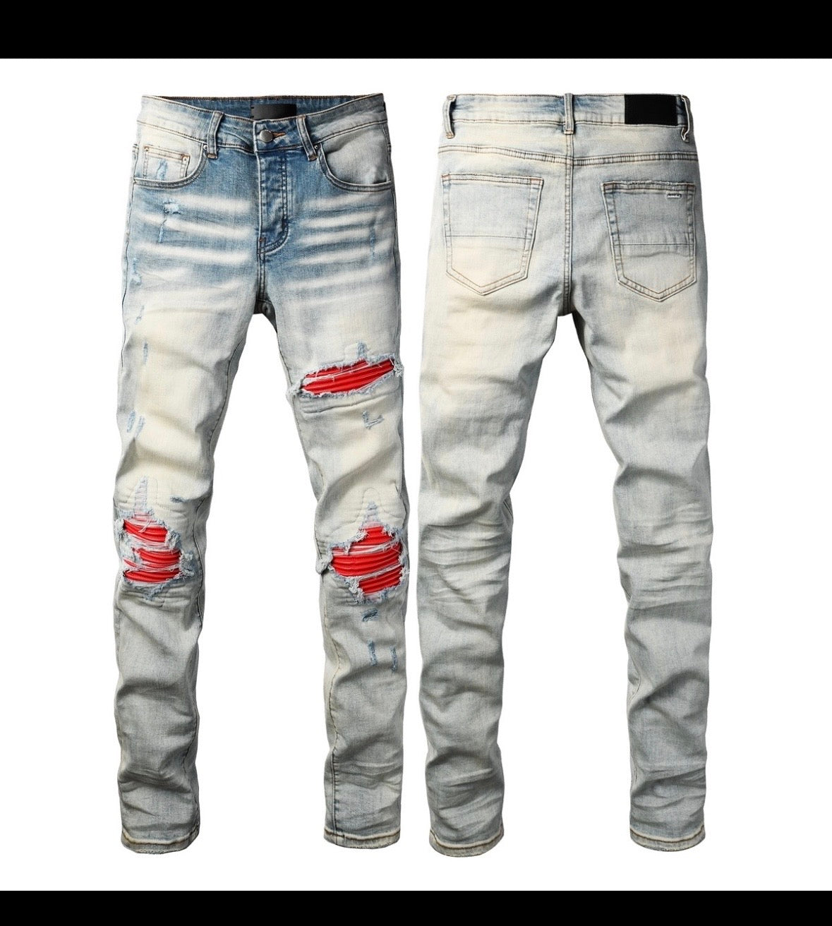 Amiri Varsity ripped Skinny Jeans/ red patches/ light blue wash